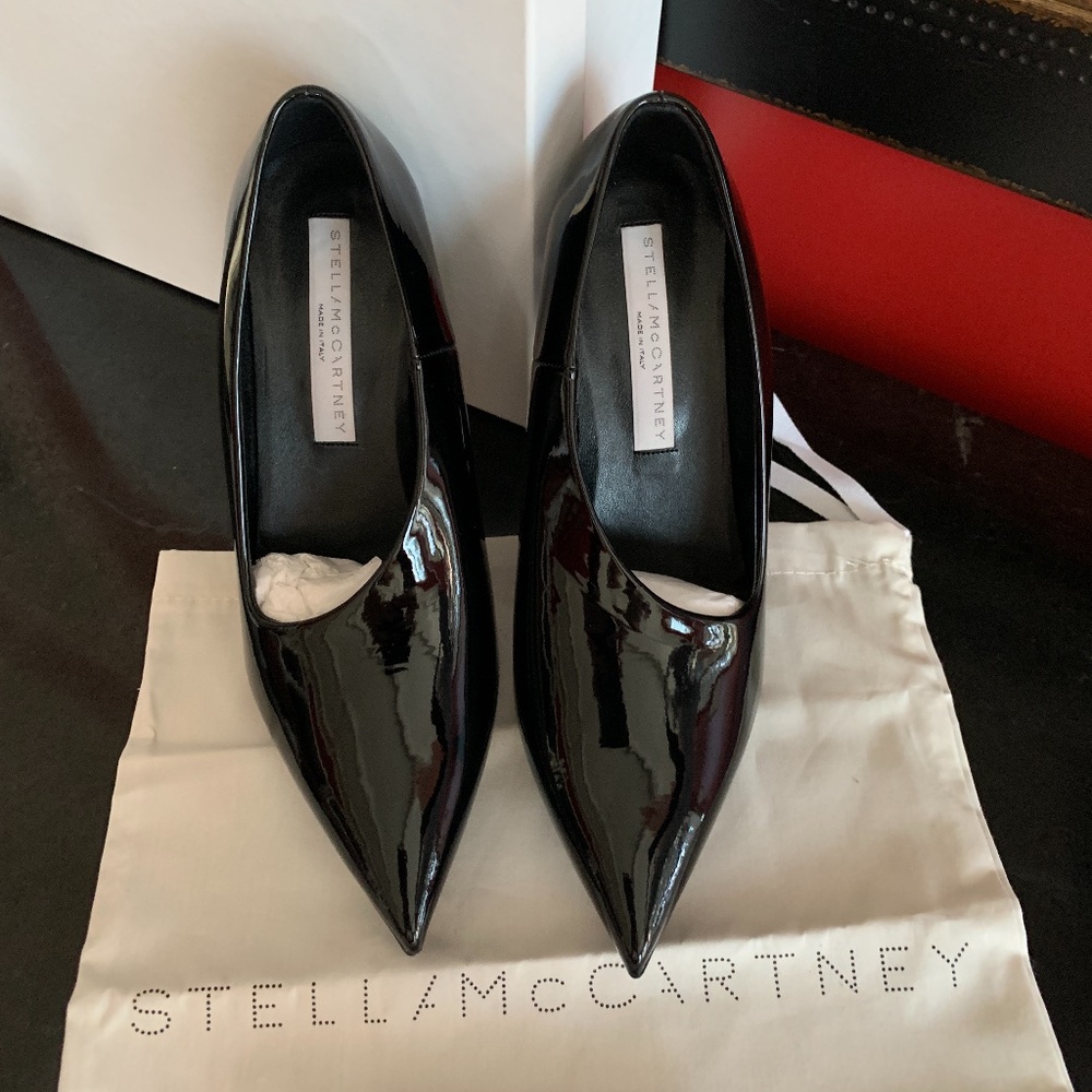STELLA McCARTNEY Gloss Black Stiletto 5" Spike High Heels Glam NEW IN BOX!